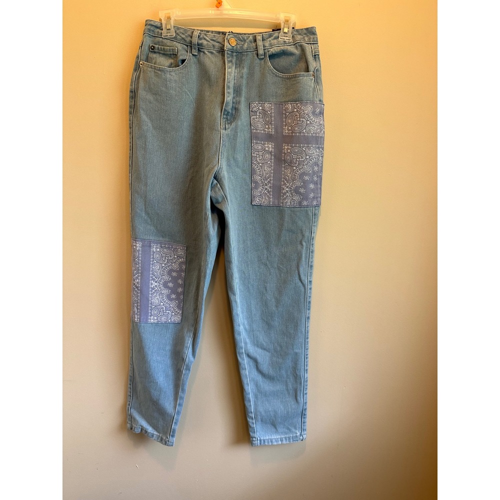 Missguided Riot High Rise Bandana Patch Mom Jeans Light Wash US 10 NWT
